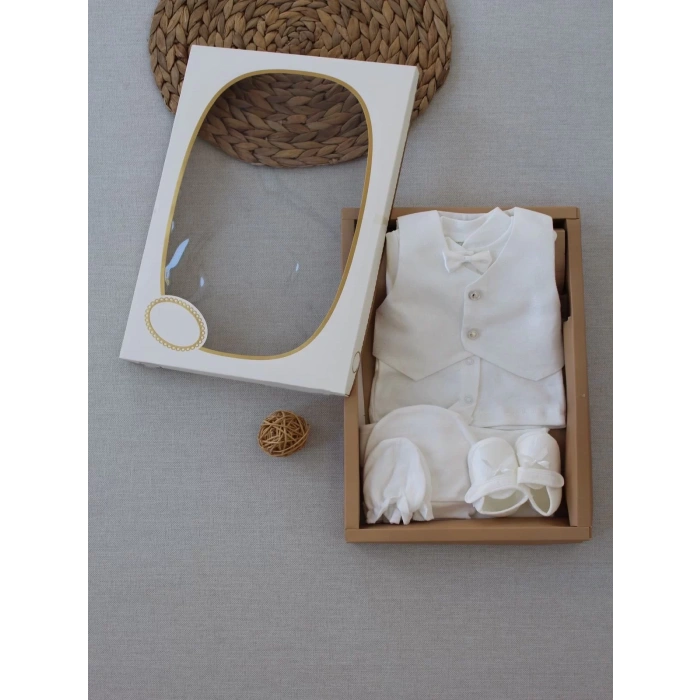 Eterelle 0-6 Ay Yelekli Papyon Smokin Erkek Bebek Hediyelik, Mevlütlük, Sünnetlik 5 Parça Takım Beyaz