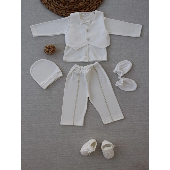 Eterelle 0-6 Ay Yelekli Papyon Smokin Erkek Bebek Hediyelik, Mevlütlük, Sünnetlik 5 Parça Takım Beyaz