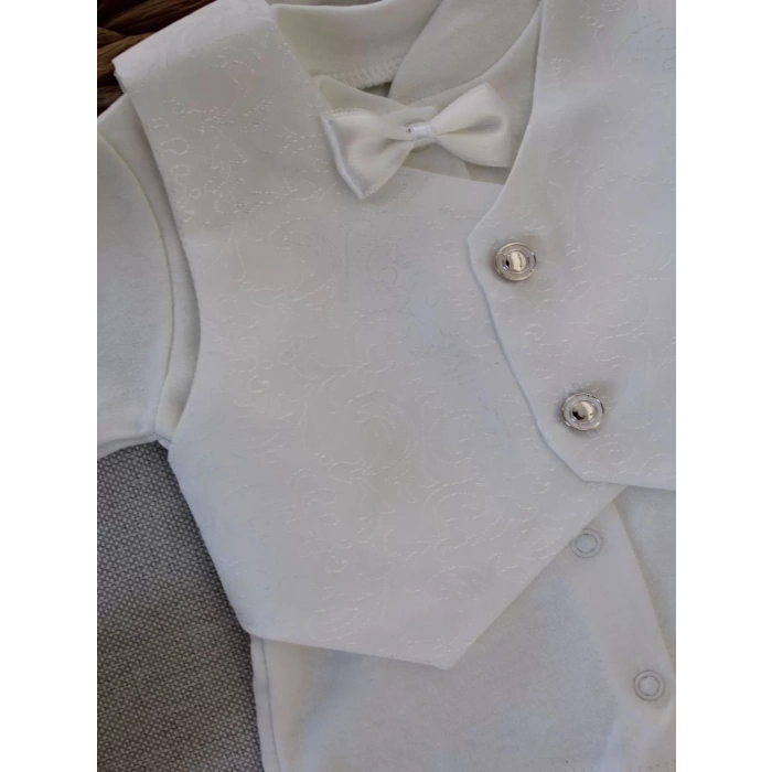 Eterelle 0-6 Ay Yelekli Papyon Smokin Erkek Bebek Hediyelik, Mevlütlük, Sünnetlik 5 Parça Takım Beyaz