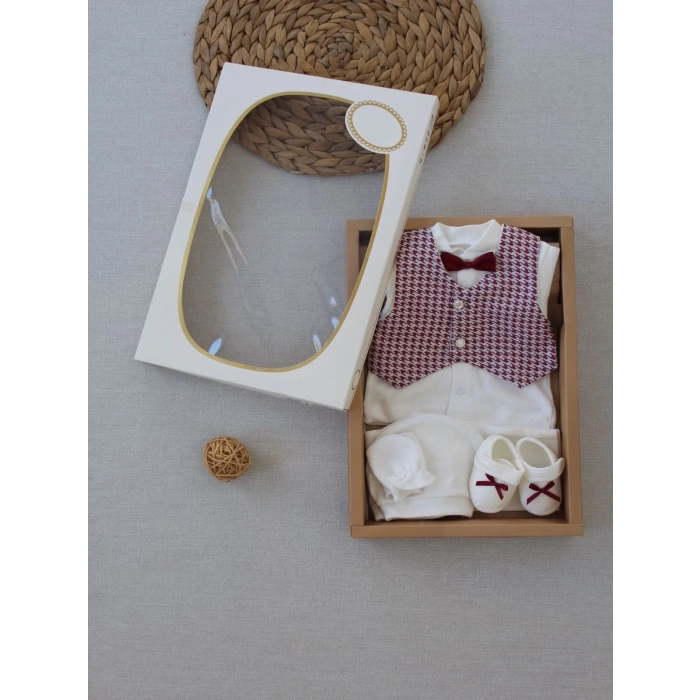 Eterelle 0-6 Ay Yelekli Papyon Smokin Erkek Bebek Hediyelik, Mevlütlük, Sünnetlik 5 Parça Takım Bordo