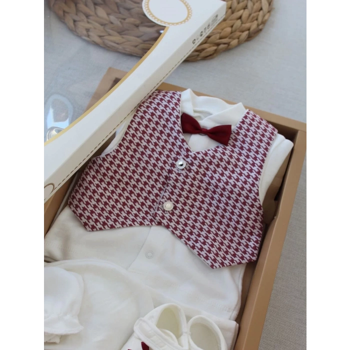 Eterelle 0-6 Ay Yelekli Papyon Smokin Erkek Bebek Hediyelik, Mevlütlük, Sünnetlik 5 Parça Takım Bordo