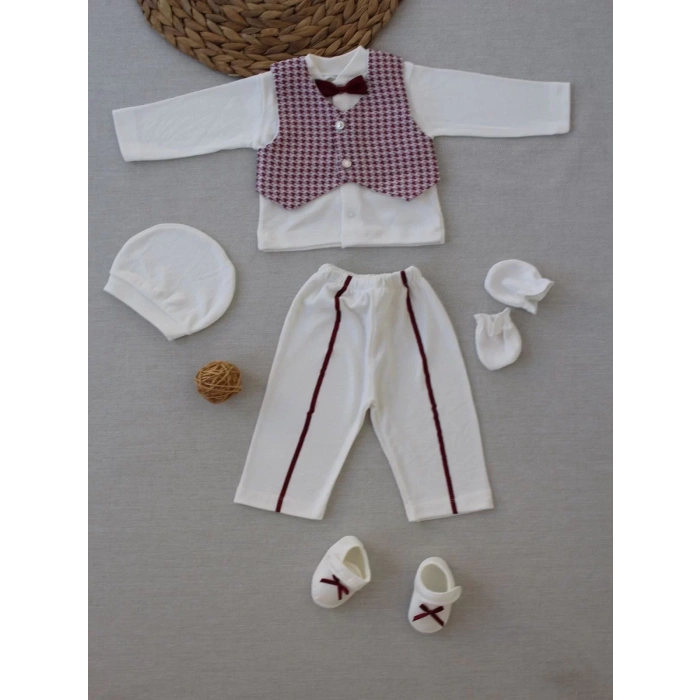 Eterelle 0-6 Ay Yelekli Papyon Smokin Erkek Bebek Hediyelik, Mevlütlük, Sünnetlik 5 Parça Takım Bordo