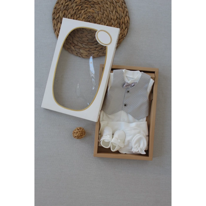 Eterelle 0-6 Ay Yelekli Papyon Smokin Erkek Bebek Hediyelik, Mevlütlük, Sünnetlik 5 Parça Takım Gri