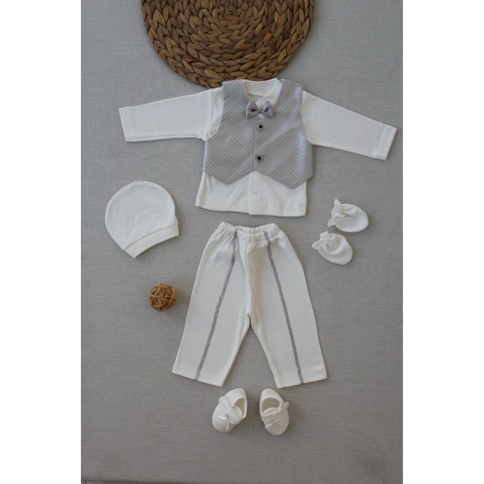 Eterelle 0-6 Ay Yelekli Papyon Smokin Erkek Bebek Hediyelik, Mevlütlük, Sünnetlik 5 Parça Takım Gri
