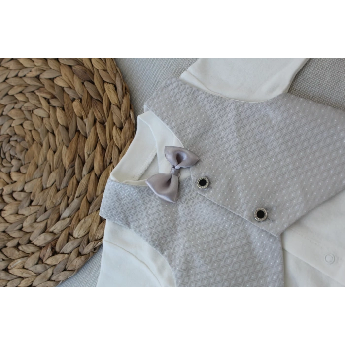 Eterelle 0-6 Ay Yelekli Papyon Smokin Erkek Bebek Hediyelik, Mevlütlük, Sünnetlik 5 Parça Takım Gri