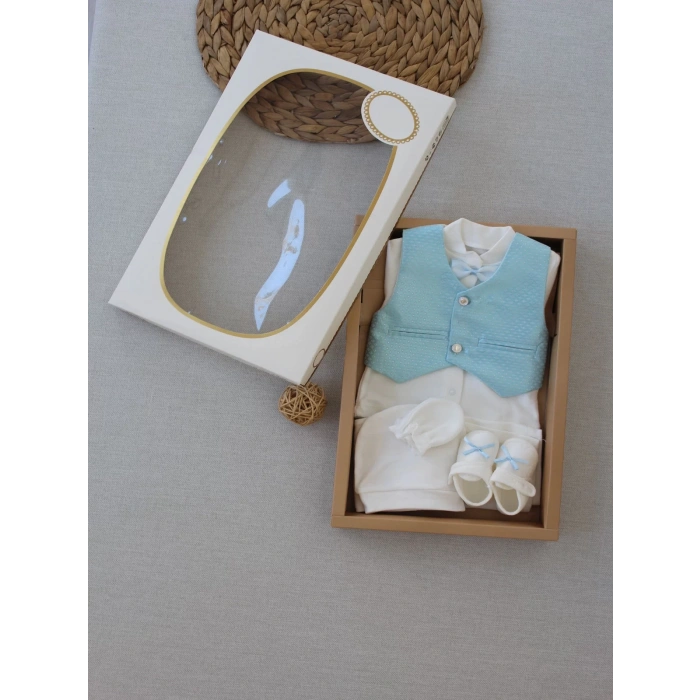 Eterelle 0-6 Ay Yelekli Papyon Smokin Erkek Bebek Hediyelik, Mevlütlük, Sünnetlik 5 Parça Takım Mavi