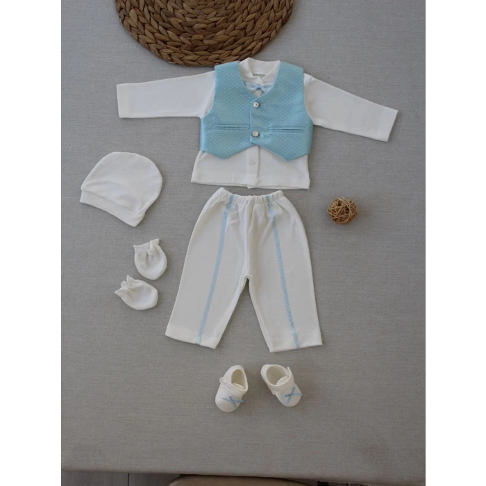 Eterelle 0-6 Ay Yelekli Papyon Smokin Erkek Bebek Hediyelik, Mevlütlük, Sünnetlik 5 Parça Takım Mavi