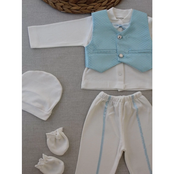 Eterelle 0-6 Ay Yelekli Papyon Smokin Erkek Bebek Hediyelik, Mevlütlük, Sünnetlik 5 Parça Takım Mavi