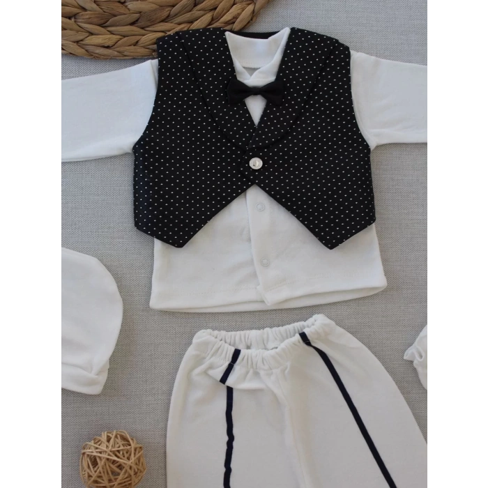 Eterelle 0-6 Ay Yelekli Papyon Smokin Erkek Bebek Hediyelik, Mevlütlük, Sünnetlik 5 Parça Takım Siyah