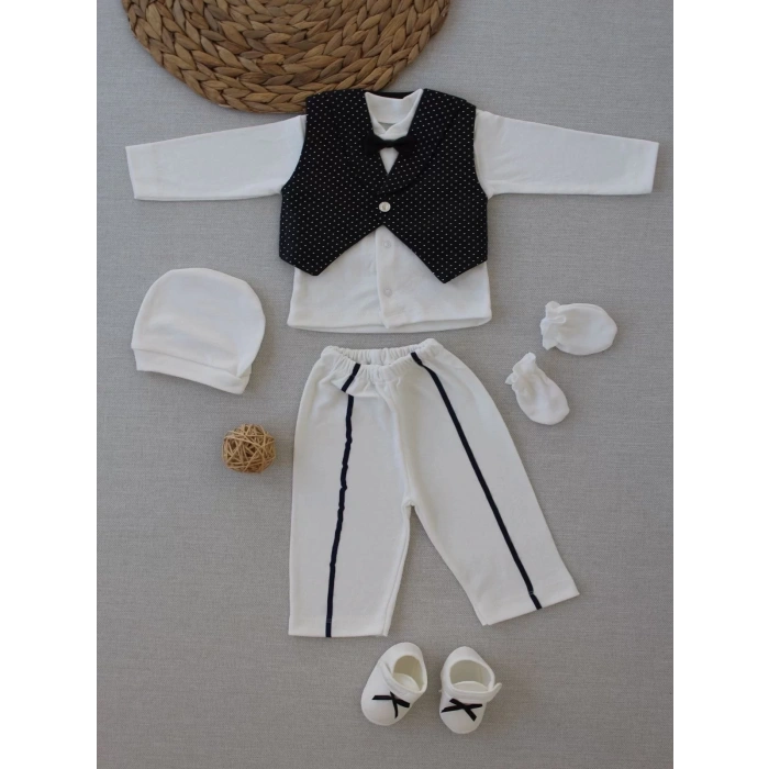 Eterelle 0-6 Ay Yelekli Papyon Smokin Erkek Bebek Hediyelik, Mevlütlük, Sünnetlik 5 Parça Takım Siyah