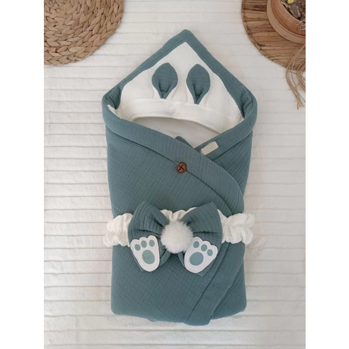 Eterelle Yenidoğan 4 Kat Müslin Kumaş Kulaklı Patili Fiyonk Bebek Battaniyesi Kundak Kahverengi