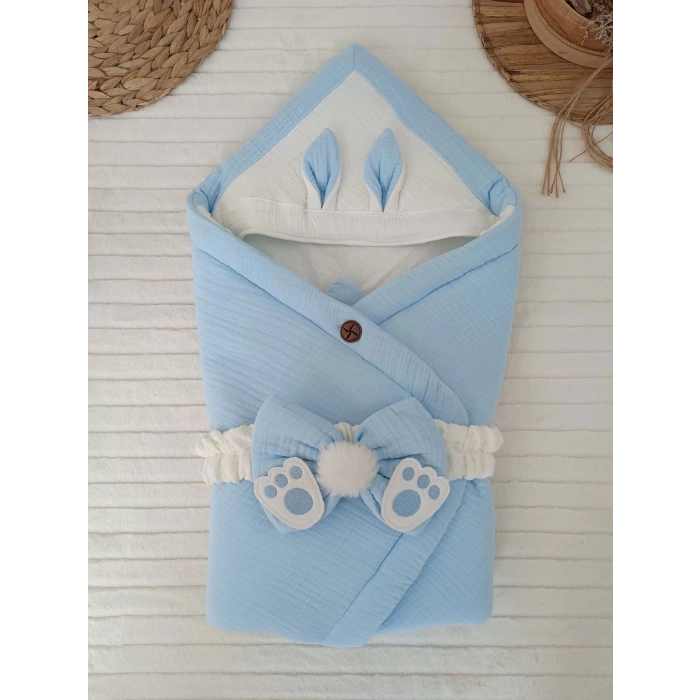 Eterelle Yenidoğan 4 Kat Müslin Kumaş Kulaklı Patili Fiyonk Bebek Battaniyesi Kundak Mavi