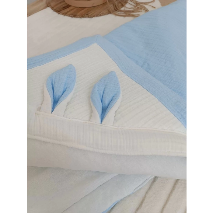 Eterelle Yenidoğan 4 Kat Müslin Kumaş Kulaklı Patili Fiyonk Bebek Battaniyesi Kundak Mavi