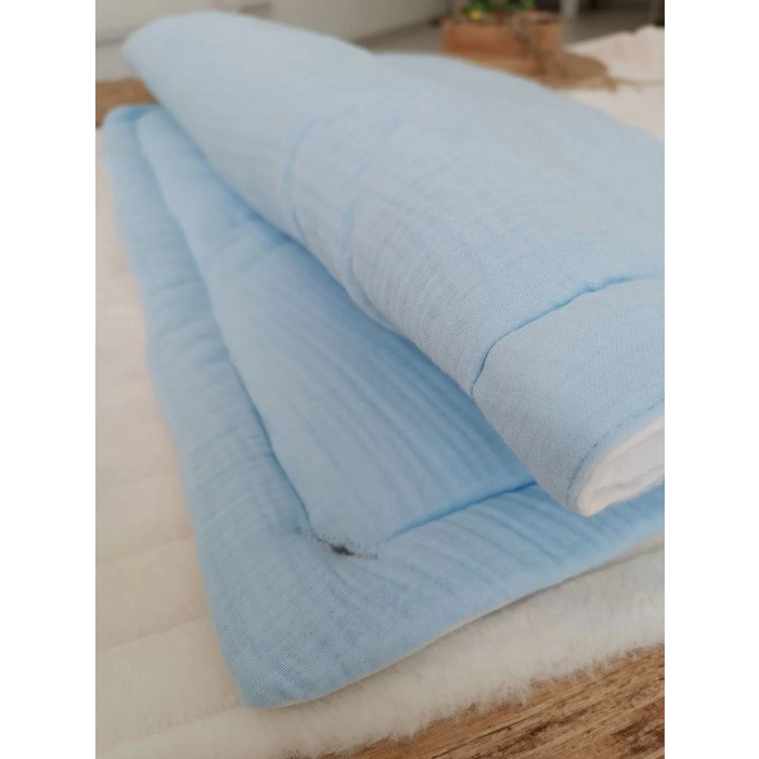 Eterelle Yenidoğan 4 Kat Müslin Kumaş Kulaklı Patili Fiyonk Bebek Battaniyesi Kundak Mavi
