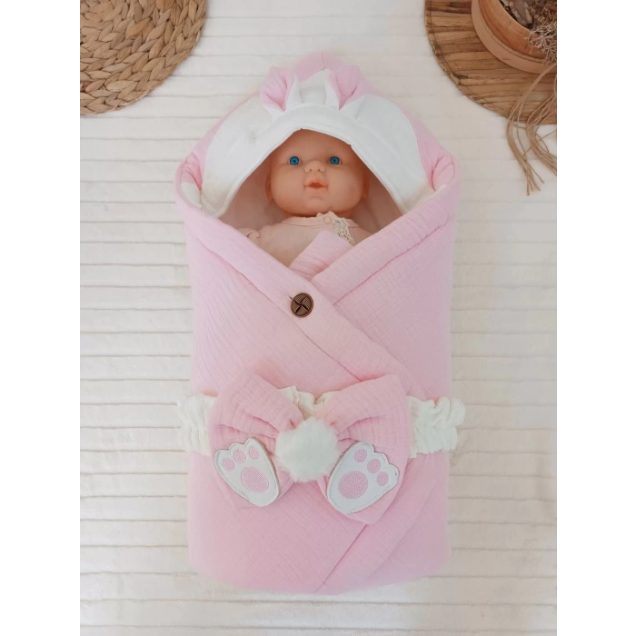 Eterelle Yenidoğan 4 Kat Müslin Kumaş Kulaklı Patili Fiyonk Bebek Battaniyesi Kundak Pembe