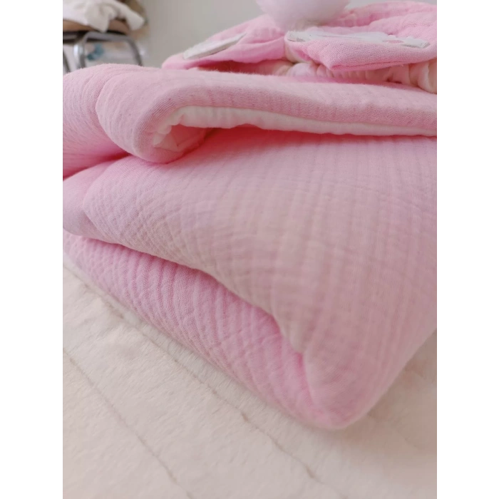 Eterelle Yenidoğan 4 Kat Müslin Kumaş Kulaklı Patili Fiyonk Bebek Battaniyesi Kundak Pembe