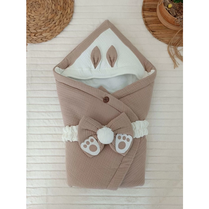 Eterelle Yenidoğan 4 Kat Müslin Kumaş Kulaklı Patili Fiyonk Bebek Battaniyesi Kundak Yeşil