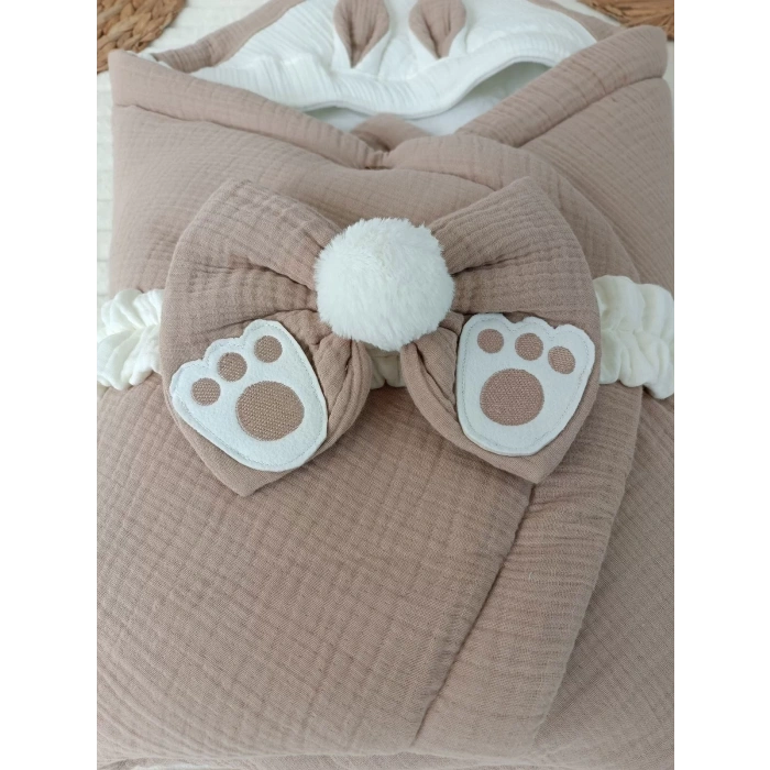 Eterelle Yenidoğan 4 Kat Müslin Kumaş Kulaklı Patili Fiyonk Bebek Battaniyesi Kundak Yeşil