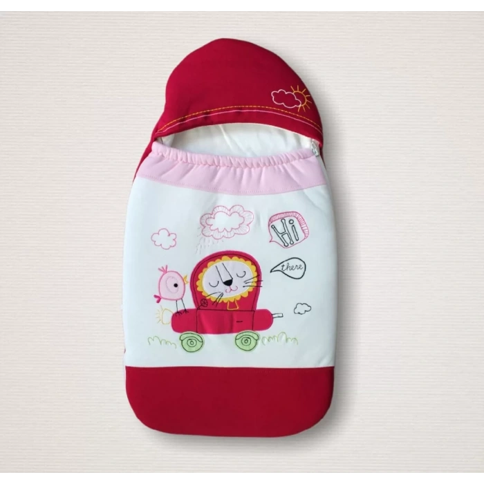 Eterelle Yenidoğan Arabalı Aslan Nakışlı Fermuarlı Şapkalı Klasik Kundak Bebek Battaniyesi Pembe