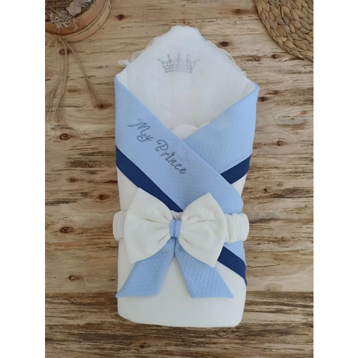 Eterelle Yenidoğan Bal Peteği My Prince Taç Nakışlı Delüks Kundak Bebek Battaniyesi Mavi