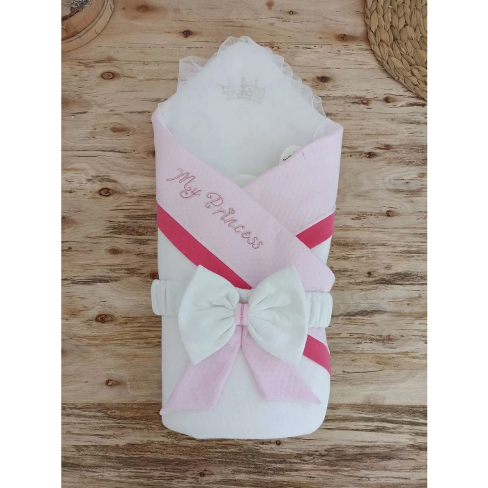 Eterelle Yenidoğan Bal Peteği My Prince Taç Nakışlı Delüks Kundak Bebek Battaniyesi Pembe