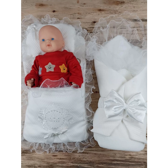 Eterelle Yenidoğan Bal Peteği Taç Nakışlı Kundaklı Trilüks 3lü Alt Açma Seti Ekru