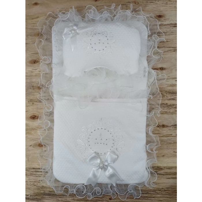 Eterelle Yenidoğan Bal Peteği Taç Nakışlı Kundaklı Trilüks 3lü Alt Açma Seti Ekru