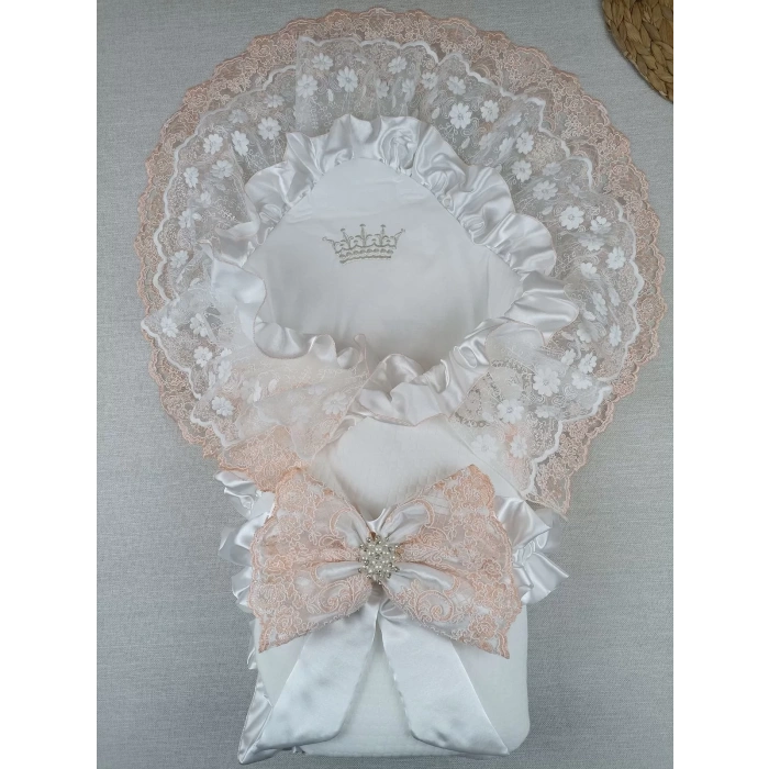 Eterelle Yenidoğan Bal Peteği Taç Nakışlı Lüks Kundak Bebek Battaniyesi Ekru