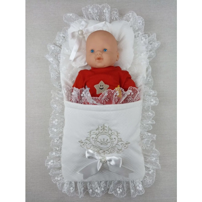 Eterelle Yenidoğan Bambu Taç Nakışlı Kundaklı Trilüks 3lü Alt Açma Seti Ekru