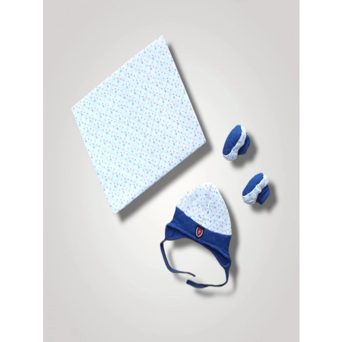 Eterelle Yenidoğan Baskılı Double Face Şapka Ve Patikli 3lü Bebek Battaniye Takımı Lacivert