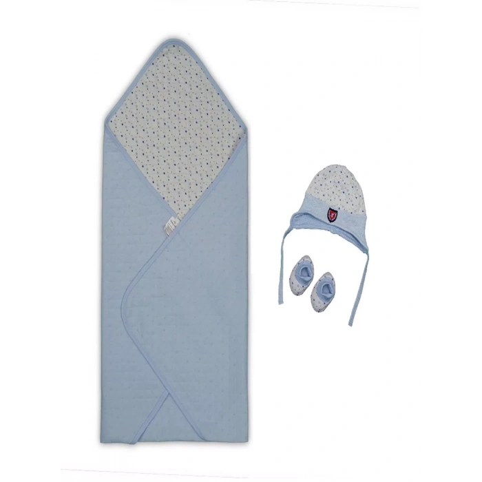 Eterelle Yenidoğan Baskılı Double Face Şapka Ve Patikli 3lü Bebek Battaniye Takımı Mavi