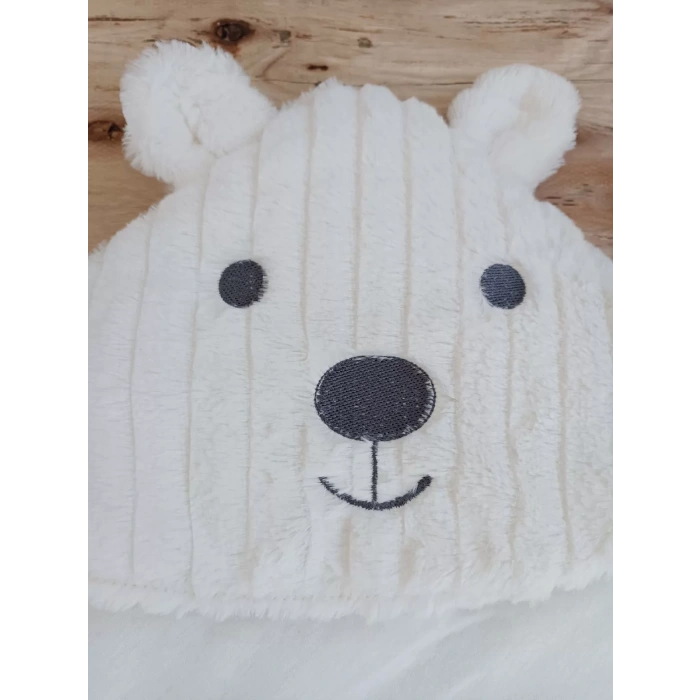 Eterelle Yenidoğan Beyaz Wool Yün Kumaş Ayıcık Kulaklı Kundak Bebek Battaniyesi Beyaz