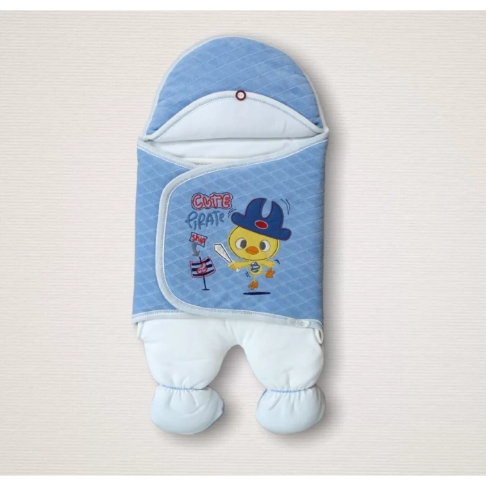 Eterelle Yenidoğan Cesur Şovalye Civciv Nakışlı Şapkalı Erkek Ayaklı Kundak Bebek Battaniyesi Mavi