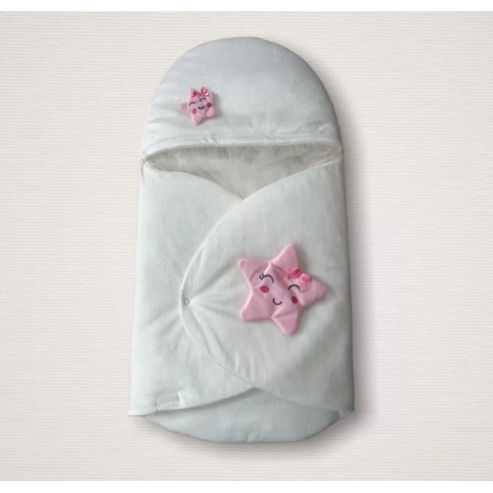 Eterelle Yenidoğan Çift Yıldız Detaylı Şapkalı Duvaklı Kız Bebek Klasik Kundak Bebek Battaniyesi Ekru