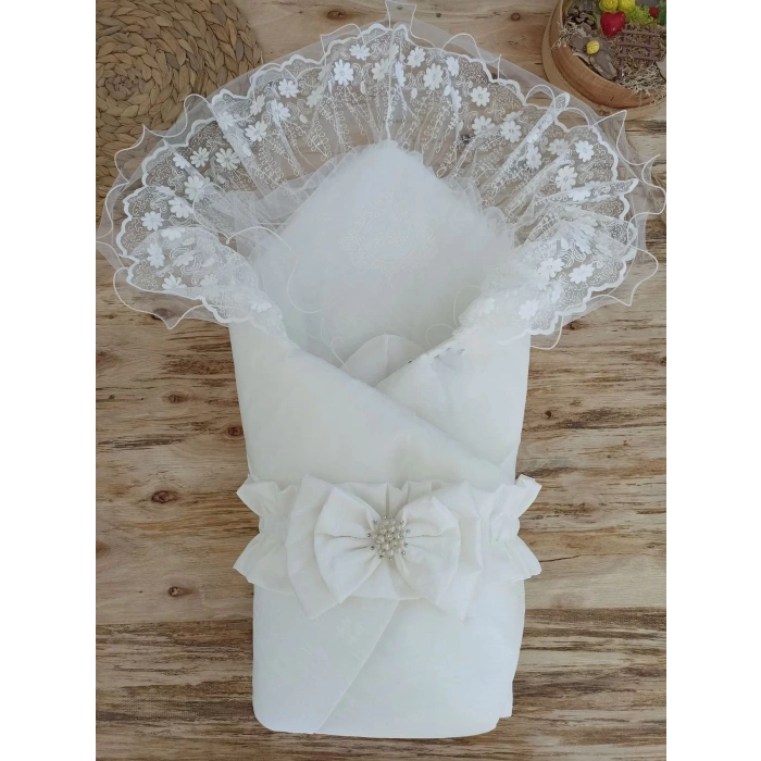 Eterelle Yenidoğan Gelinlik Duvaklı Trilüks Kundak Bebek Battaniyesi Ekru