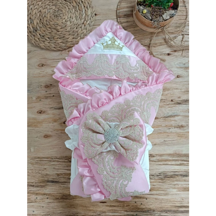Eterelle Yenidoğan Grand Lüks Kelebek Ağır Güpür İşlemeli Şapkalı Bebek Battaniyesi Kundak Pembe