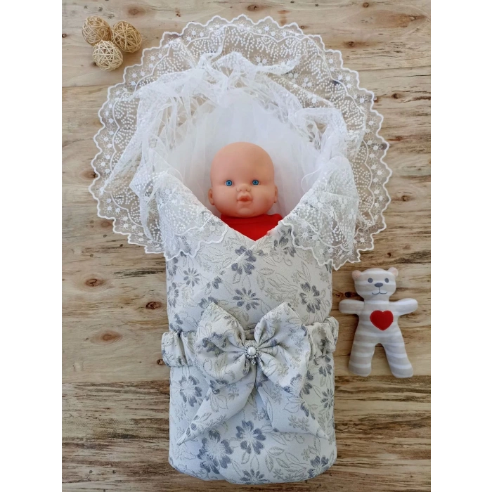 Eterelle Yenidoğan Gül Sedefli Duvaklı Taş Fiyonk Erkek Bebek Kumru Kundak Bebek Battaniyesi Lacivert