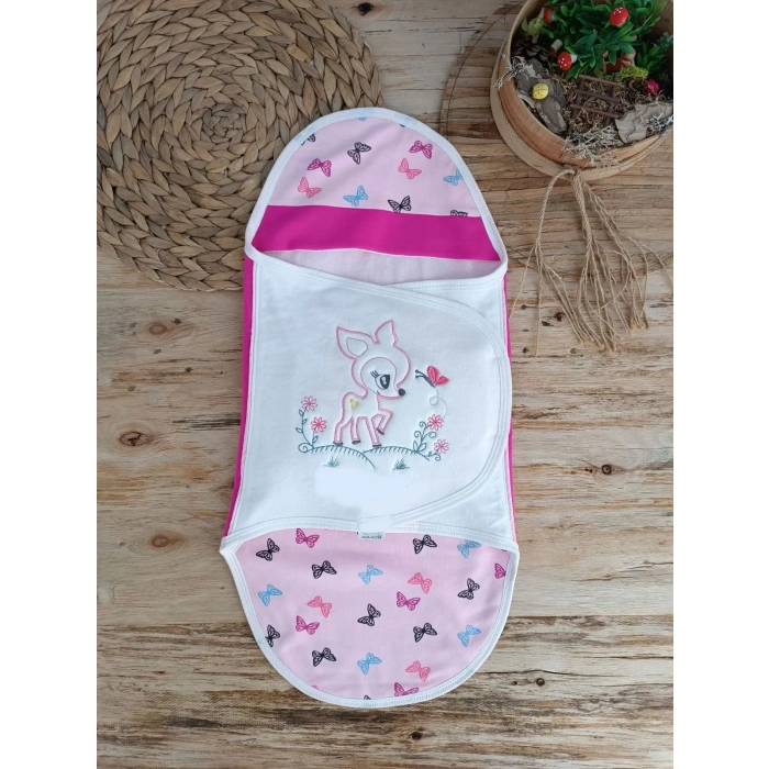 Eterelle Yenidoğan İlk Baharın Ceylanı Nakışlı Çıt Çıt Kapama Bebek Kundak Pembe