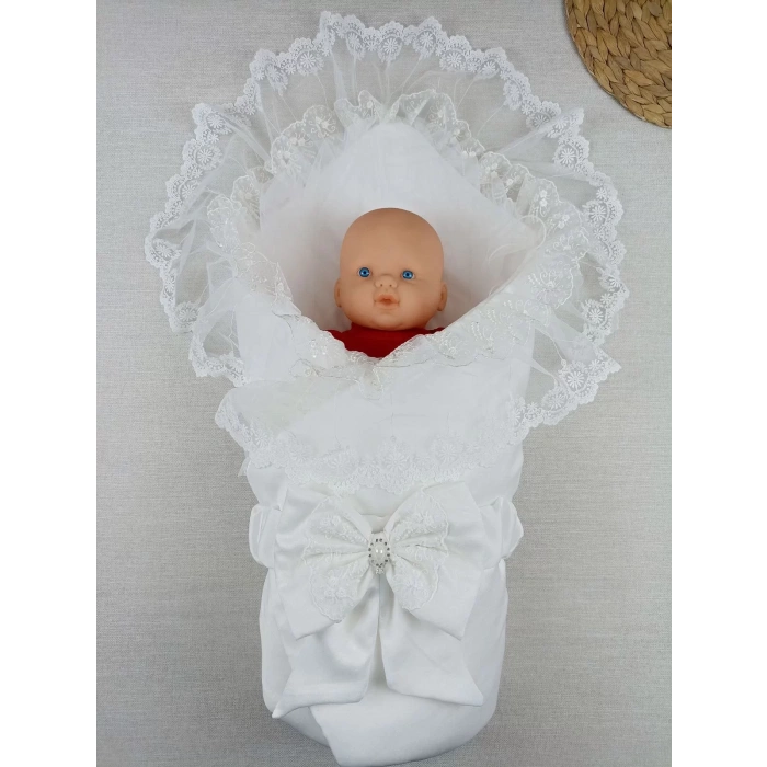 Eterelle Yenidoğan İpek Pamuklu İnci Lüks Kundak Bebek Battaniyesi Ekru