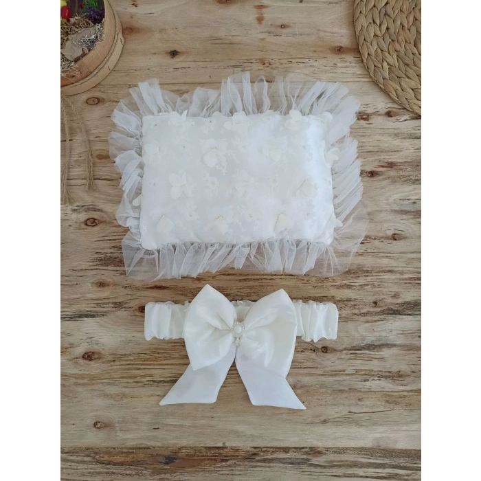 Eterelle Yenidoğan İzmir İncisi Tül İşlemeli Pamuklu Fiyonklu Kundaklı Lüks 3lü Alt Açma Seti Ekru