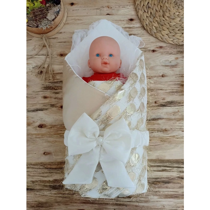 Eterelle Yenidoğan İzmir İncisi Tül İşlemeli Pamuklu Fiyonklu Kundaklı Lüks 3lü Alt Açma Seti Gold