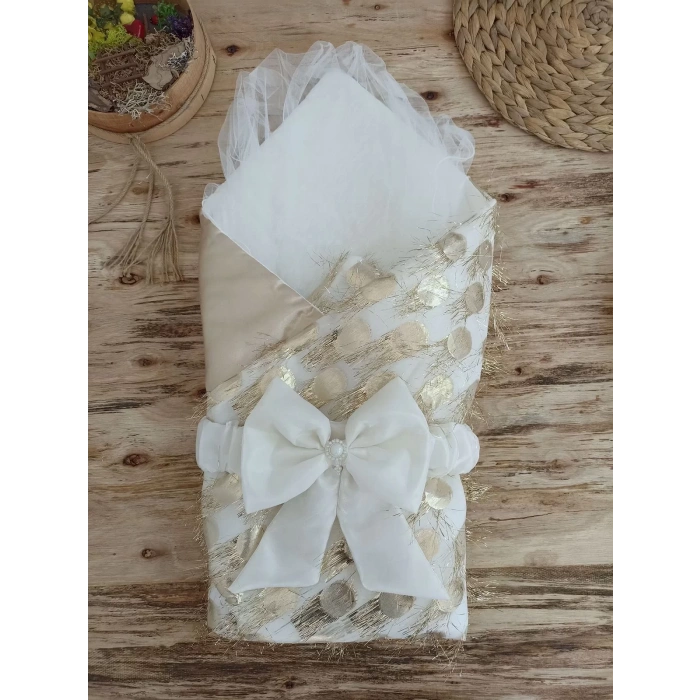 Eterelle Yenidoğan İzmir İncisi Tül İşlemeli Pamuklu Fiyonklu Kundaklı Lüks 3lü Alt Açma Seti Gold