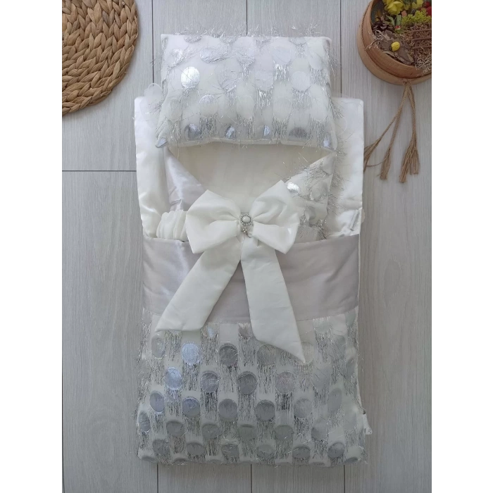 Eterelle Yenidoğan İzmir İncisi Tül İşlemeli Pamuklu Fiyonklu Kundaklı Lüks 3lü Alt Açma Seti Gümüş