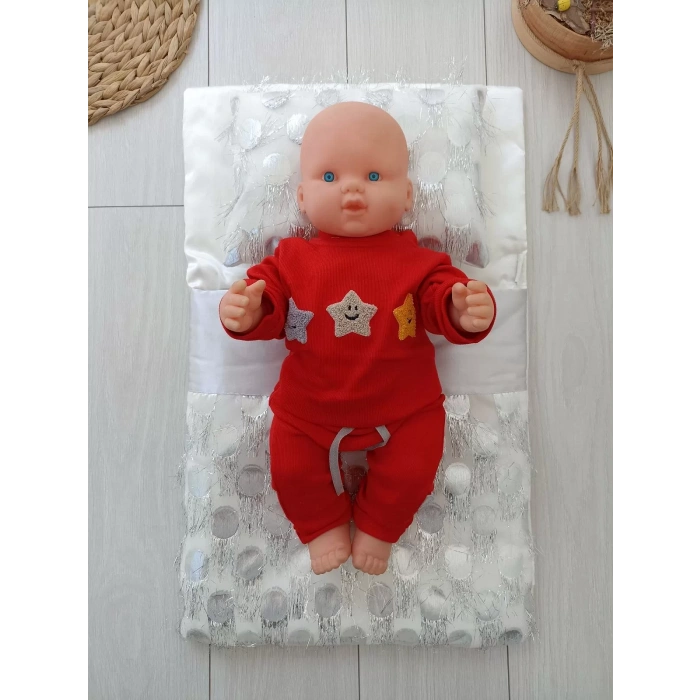 Eterelle Yenidoğan İzmir İncisi Tül İşlemeli Pamuklu Fiyonklu Kundaklı Lüks 3lü Alt Açma Seti Gümüş