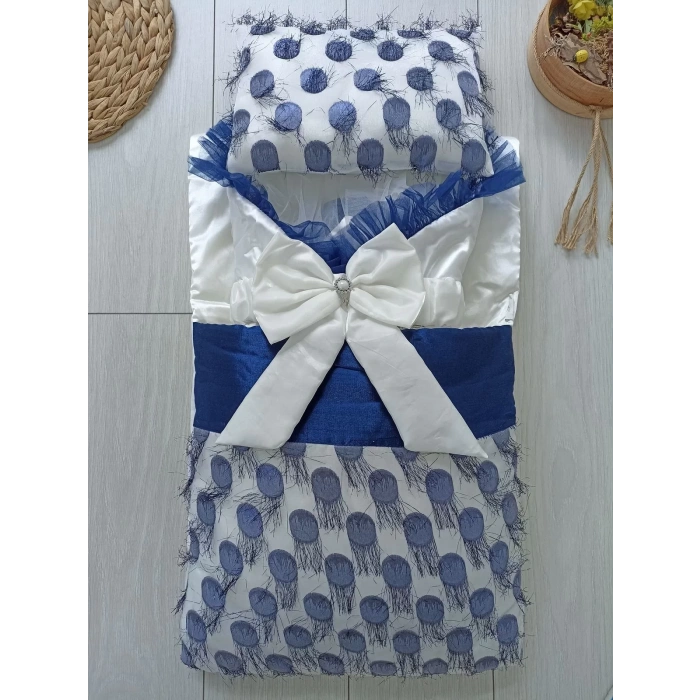 Eterelle Yenidoğan İzmir İncisi Tül İşlemeli Pamuklu Fiyonklu Kundaklı Lüks 3lü Alt Açma Seti Lacivert