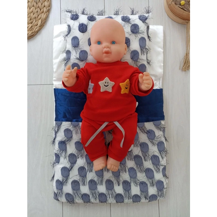 Eterelle Yenidoğan İzmir İncisi Tül İşlemeli Pamuklu Fiyonklu Kundaklı Lüks 3lü Alt Açma Seti Lacivert