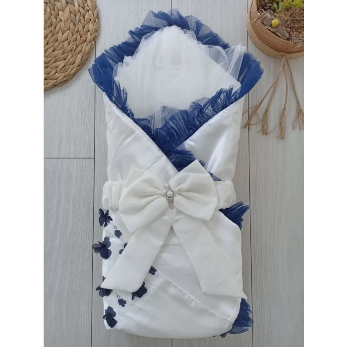 Eterelle Yenidoğan İzmir İncisi Tül İşlemeli Pamuklu Fiyonklu Kundaklı Lüks 3lü Alt Açma Seti Lacivert