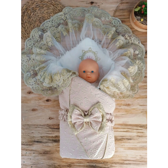 Eterelle Yenidoğan Kabartma Desenli Gold Çift Güpürlü Bebek Battaniyesi Kundak Gold