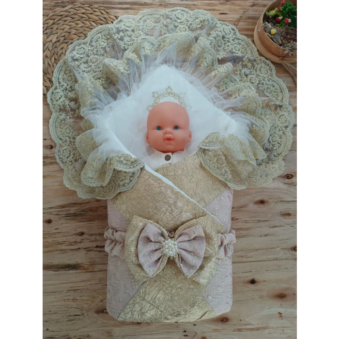 Eterelle Yenidoğan Kabartma Desenli Gold Çift Güpürlü Ve Fiyonklu Bebek Battaniyesi Kundak Gold