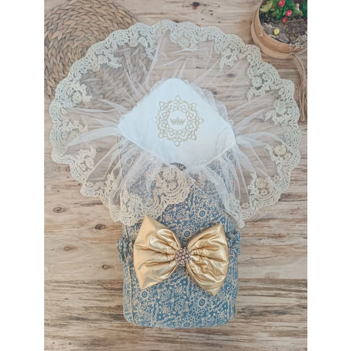 Eterelle Yenidoğan Kabartma Desenli Gold Fiyonklu Güpürlü Bebek Battaniyesi Kundak Gold